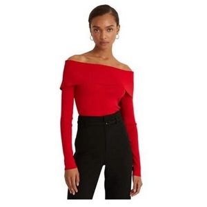 Red Ralph Lauren off the shoulder cowl neck long sleeve sweater.